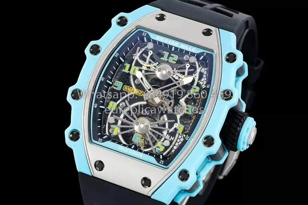 Reloj Richard Mille RM21-01 Tourbillon Tiffany azul 1:1 mejor clon RM Factory Correa negra