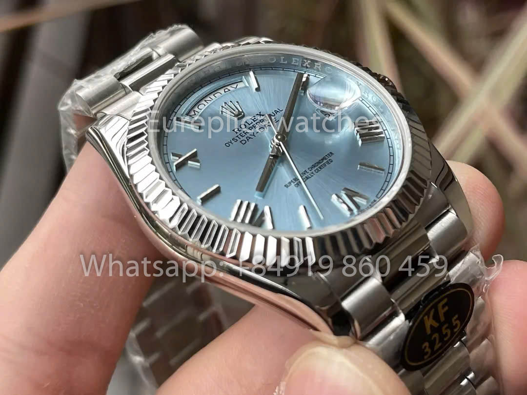 Rolex Day Date 40 228236 de oro blanco con bisel estriado de platino 1:1, el mejor clon de KF Factory de 215 gramos