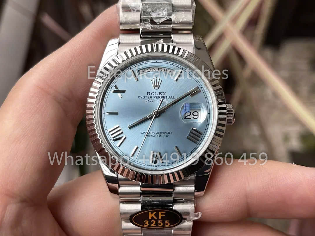 Rolex Day Date 40 228236 de oro blanco con bisel estriado de platino 1:1, el mejor clon de KF Factory de 215 gramos