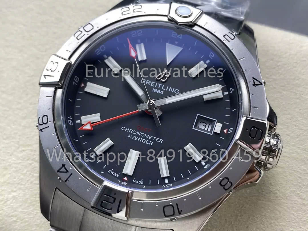 Breitling Avenger Automatic GMT 44 BLS Factory 1:1 Best Clone Grey Dial Stainless Steel Strap