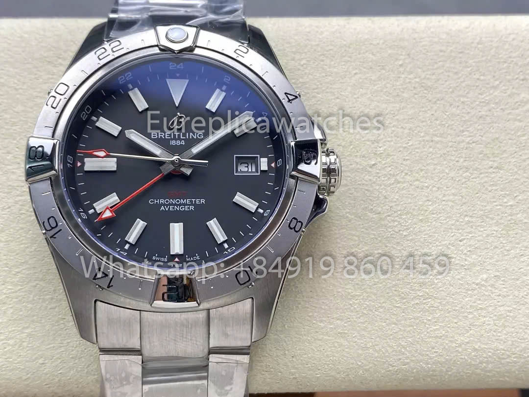 Breitling Avenger Automatic GMT 44 BLS Factory 1:1 Best Clone Grey Dial Stainless Steel Strap