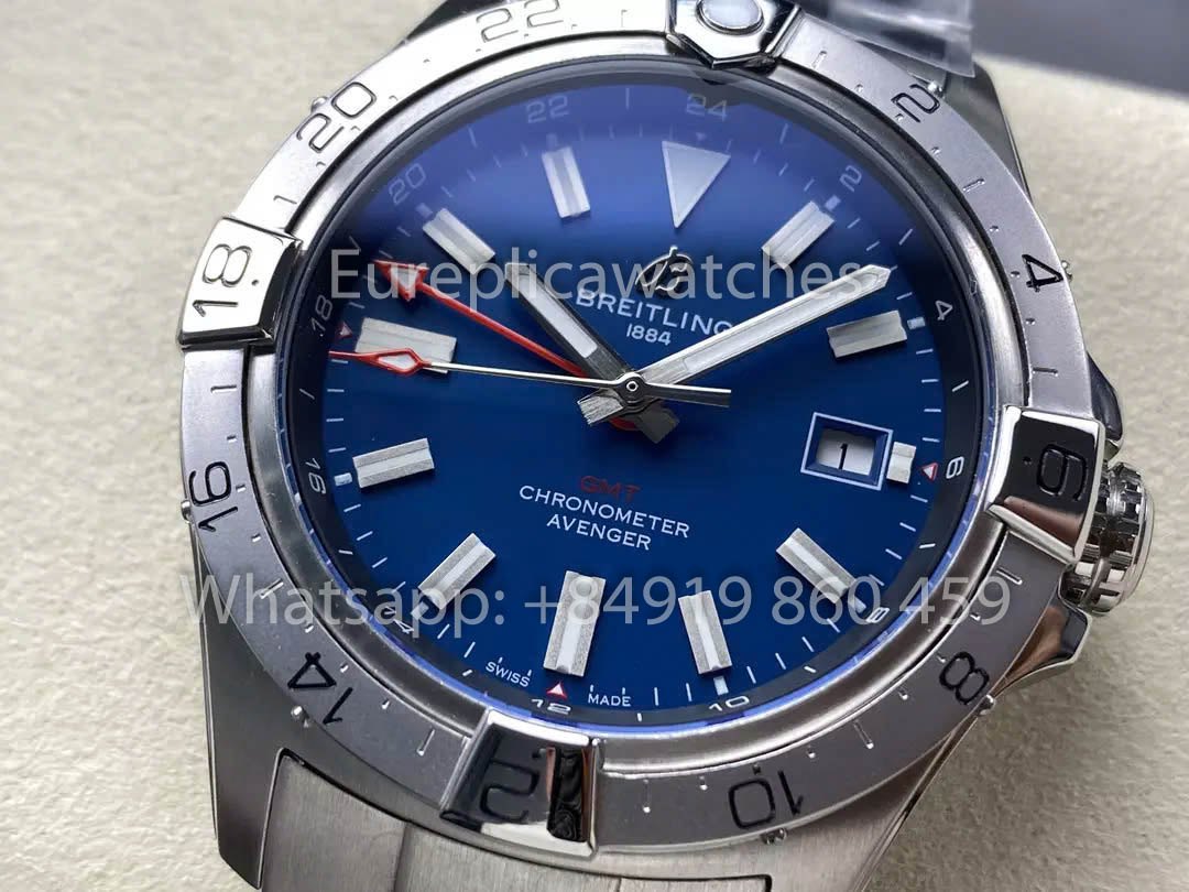 Breitling Avenger Automatic GMT 44 BLS Factory 1:1 Best Clone Blue Dial Stainless Steel Strap