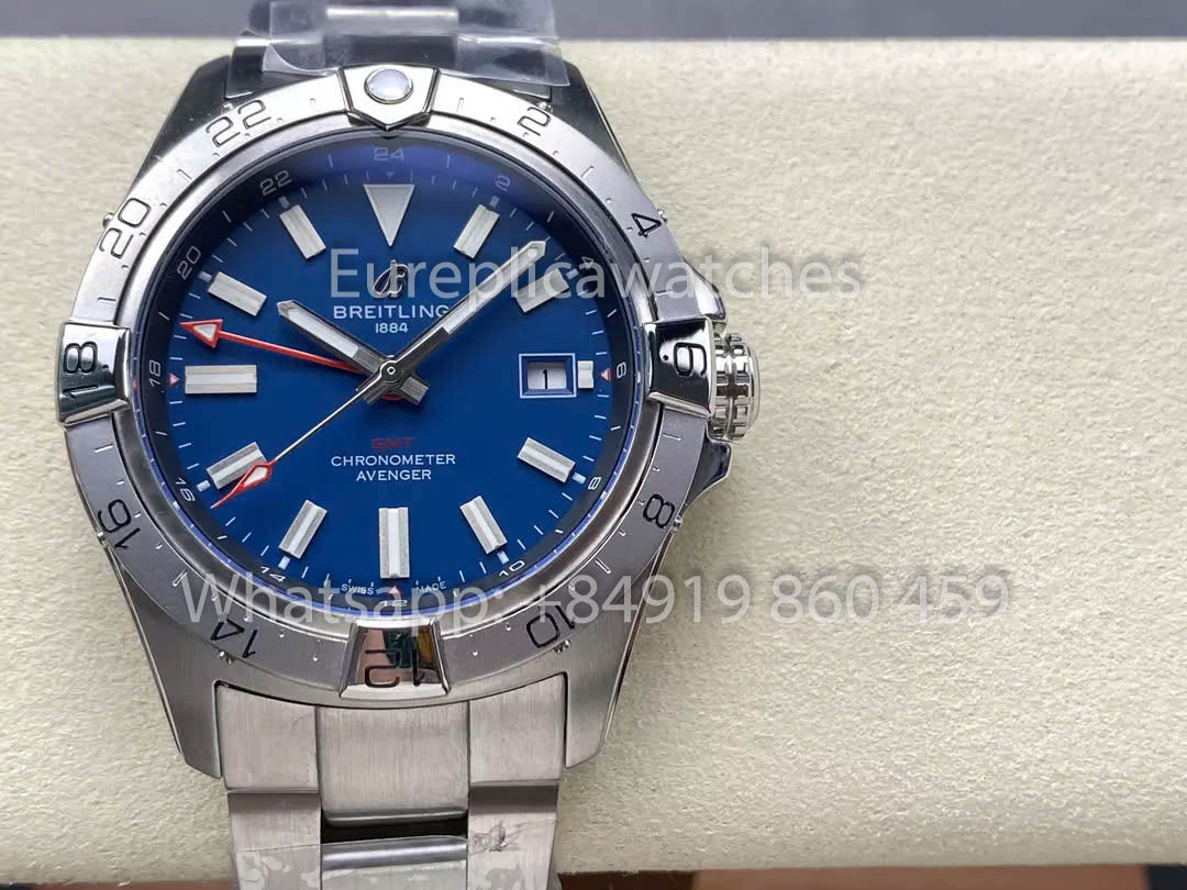 Breitling Avenger Automatic GMT 44 BLS Factory 1:1 Best Clone Blue Dial Stainless Steel Strap